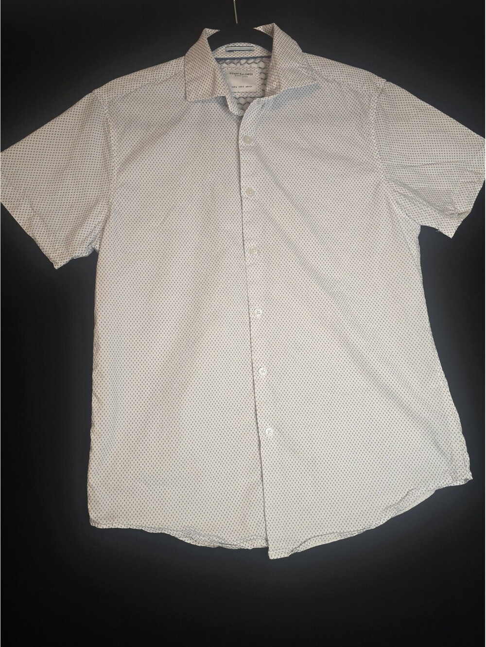 Denim & Flower Short Sleeve Button Down- White w/ Blue Design  - Size S